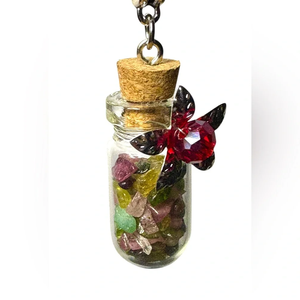 Wishing Bottle with Gemstone Chips and Crystal Center Flower on 925 Chain - Picture 4 of 14